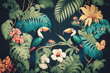 Two Tucans In A Colorful Djungle Wallpaper Background, Generative AI Illustration