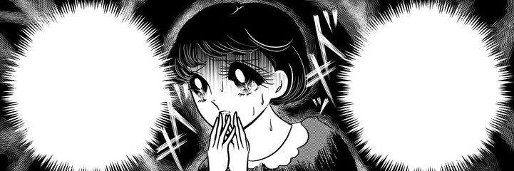 昭和レトロ70年代白黒ペン画少女漫画ゾッとして怯える黒髪の女の子達のホラーイラスト暗雲背景