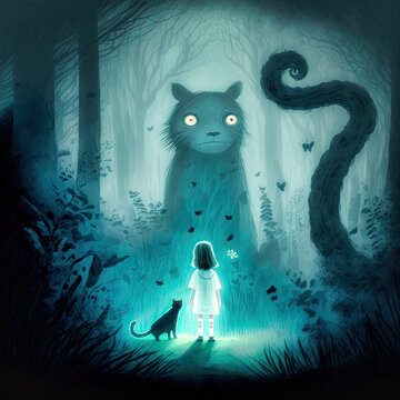 A Girl And Her Cat In The Dark Forest Meeting A Monster. Generative AI Illustration