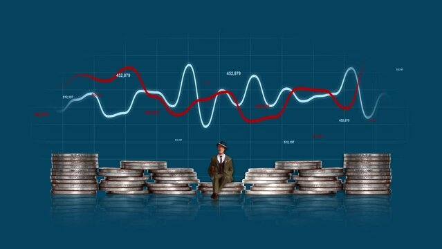 A Miniature Man And Graphs Sitting On A Pile Of Coins. The Concept Of Floating Exchange Rates And Yields.
