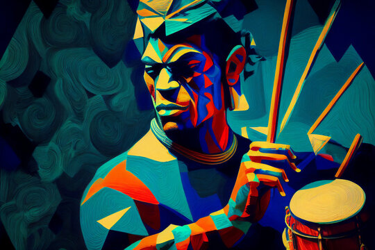 Afro-American male jazz musician drummer playing drums in an abstract geometric cubist style painting for a poster or flyer, computer Generative AI stock illustration