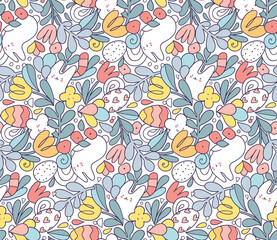 Happy Easter cute doodle illustration with funny fluffy bunny, flowers and chicken decorated eggs. Seamless pattern for your holiday design.