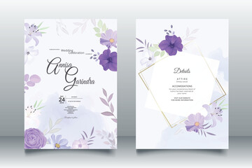  Elegant wedding invitation card with beautiful purple floral and leaves template Premium Vector