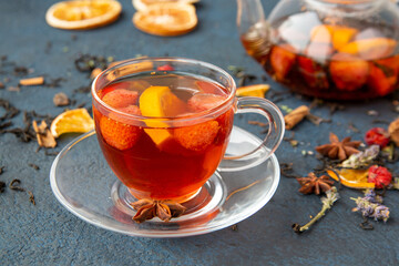 Fruit tea in a glass bowl. Healthy food, vitamins, antioxidants.
