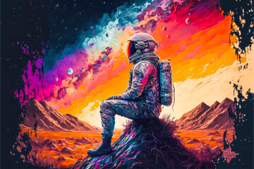 Abstract image of an astronaut, cosmonaut in a space suit on the other planet. Generative AI