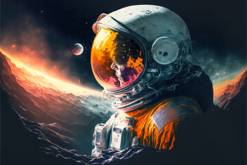 Abstract image of an astronaut, cosmonaut in a space suit on the other planet. Generative AI - obrazy, fototapety, plakaty
