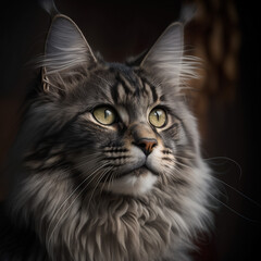 maine coon black, gray cat portrait, Generative AI Art Illustration