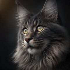 maine coon black, gray cat portrait, Generative AI Art Illustration