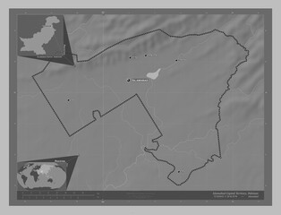 Islamabad Capital Territory, Pakistan. Grayscale. Labelled points of cities