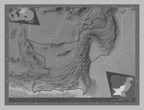 Baluchistan, Pakistan. Grayscale. Labelled points of cities