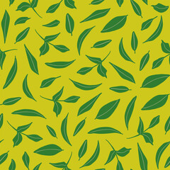 Random placed leaves seamless repeat pattern. Vector, botanical elements all over surface print on lime green background.