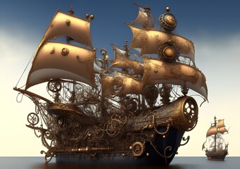Fototapeta na wymiar Fantasy Ship in Steampunk Style, Generative AI Illustration