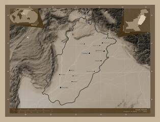 Punjab, Pakistan. Sepia. Labelled points of cities