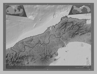 Colon, Panama. Grayscale. Labelled points of cities