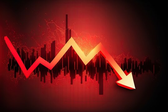 Financial crisis money business market chart with growth arrow and global economy on a red effect backdrop. Graph of Falling Stocks, and Falling Profit and Bankruptcy in Finance Generative AI