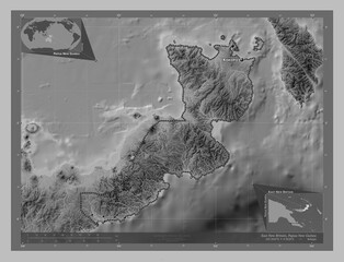East New Britain, Papua New Guinea. Grayscale. Labelled points of cities
