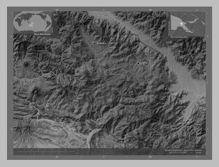 Eastern Highlands, Papua New Guinea. Grayscale. Labelled points of cities