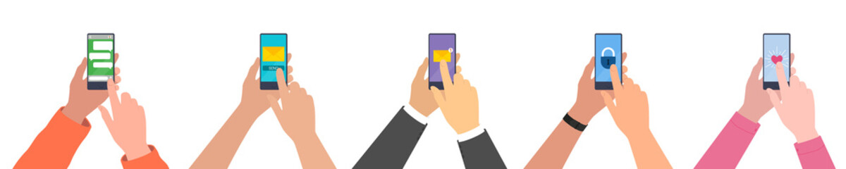 Using a smartphone - sending and receiving e-mail, clicking on the heart, chatting, blocking and unblocking. Hands are holding a smartphone. Illustration on transparent background