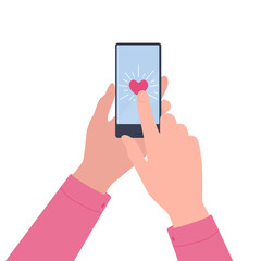 Heart click - social media approval concept. Hands are holding a smartphone. Illustration on transparent background