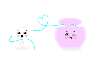 tooth and dental floss. Kawaii happy characters. Illustration on transparent background