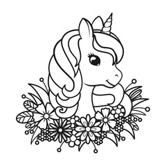 Portrait of a cute unicorn in flowers. Page for coloring book. Illustration on transparent background