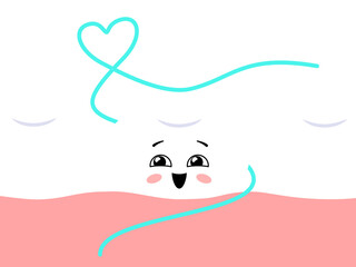 Using dental floss. Kawaii happy tooth character. Illustration on transparent background