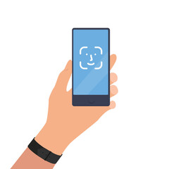 Using face authentication. Hand holds smartphone with authorization icon. Illustration on transparent background