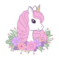 Portrait of a cute unicorn in flowers. Illustration on transparent background for t-shirt and stickers