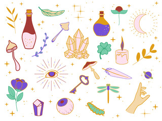 Collection of stickers with magic items. Feathers, plants, eyes, stars, poison bottles, mushrooms,...