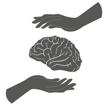 Hands protect the brain. Mental health care concept. Illustration on transparent background