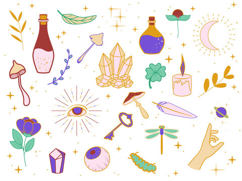 Collection of stickers with magic items. Feathers, plants, eyes, stars, poison bottles, mushrooms, candle, insects, etc. Illustration on transparent background