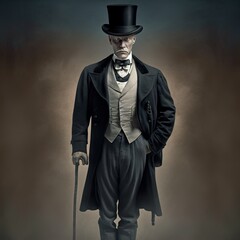 Fototapeta premium Mysterious Victorian man in top hat and suit. Made with Generative AI