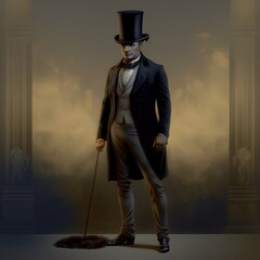 Fototapeta premium Mysterious Victorian man in top hat and suit. Made with Generative AI