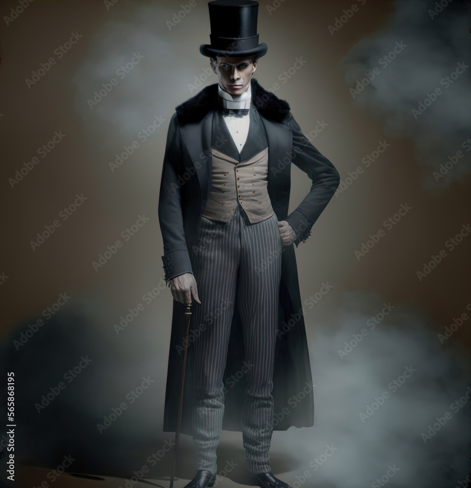 Poster Mysterious Victorian man in top hat and suit. Made with Generative AI