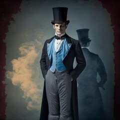 Mysterious Victorian man in top hat and suit. Made with Generative AI
