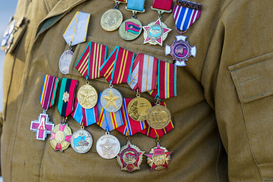 February 15, 2022 Balti Moldova. Chest of a military veteran with medals