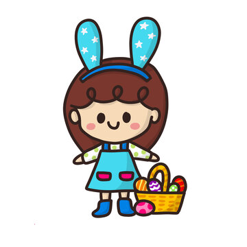 A girl wearing bunny ear standing beside of Easter eggs basket