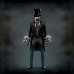 Mysterious Victorian man in top hat and suit. Made with Generative AI