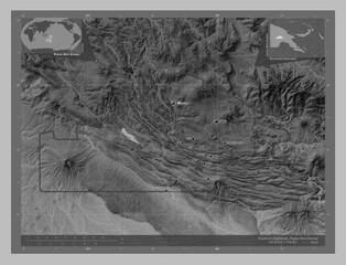 Southern Highlands, Papua New Guinea. Grayscale. Labelled points of cities