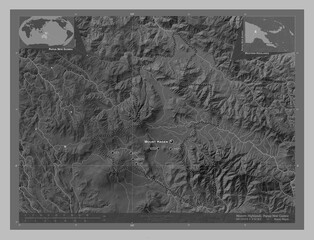 Western Highlands, Papua New Guinea. Grayscale. Labelled points of cities