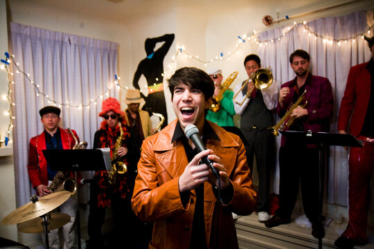 A student funk band performs at a house party in Stanford, California.