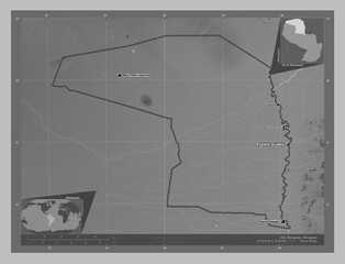Alto Paraguay, Paraguay. Grayscale. Labelled points of cities