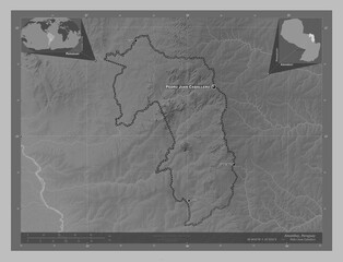 Amambay, Paraguay. Grayscale. Labelled points of cities