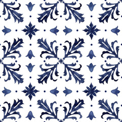 Watercolor vintage seamless pattern consisting of blue Mediterranean tiles and elements. Hand painted traditional illustration isolation on white background for design, print, fabric or background.