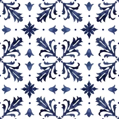 Papier Peint photo Lavable Portugal carreaux de céramique Watercolor vintage seamless pattern consisting of blue Mediterranean tiles and elements. Hand painted traditional illustration isolation on white background for design, print, fabric or background.