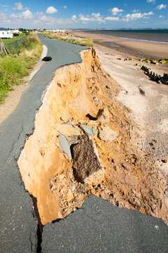 Collapsed coastal road at between Skipsea and Ulrome on Yorkshires East Coast, near Skipsea, England, UK