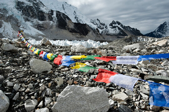 Prayer flags wave in the wind at Mt. Everest base Camp.