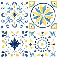 Watercolor Mediterranean tiles set of blue and yellow elements. Hand painted traditional illustration isolation on white background for design, print, fabric or background. - 565870387