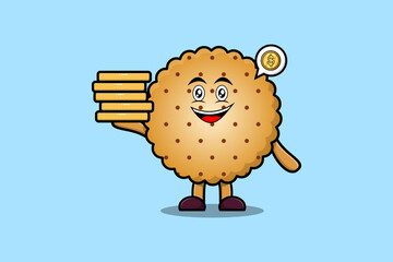 Cute cartoon Cookies character holding in stacked gold coin vector illustration