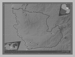 Concepcion, Paraguay. Grayscale. Labelled points of cities